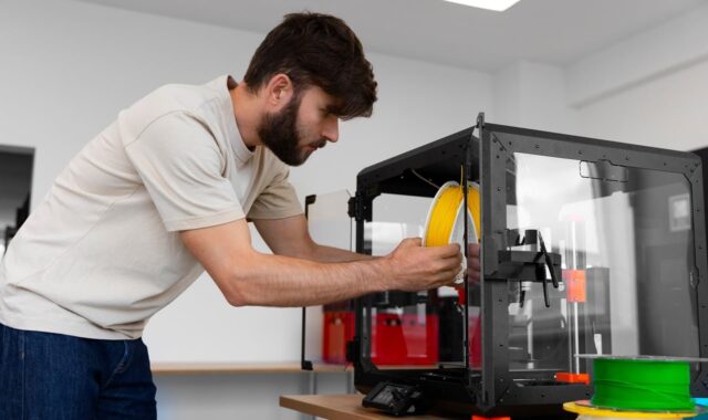 man, 3d printer, equipment, technology, designing, office, work, manufacturing, material, innovation, plastic filament, printing process, modern, invention, prototyping, construction, interior, hobby, tables, workspace