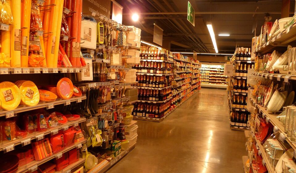 france, store, market, inside, interior, buildings, products, food, selections, lights, lighting, reflections, shelves, aisle, stacked, business, produce