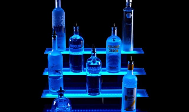led liquor shelves, led lights, high density led strips, alcohol, bottles, drinks, black bottle