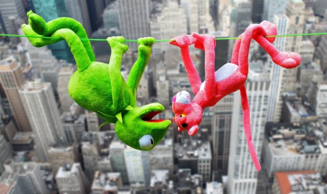 the pink panter, plush toys, kermit, high ropes, height, hang, kermit, kermit, kermit, kermit, kermit