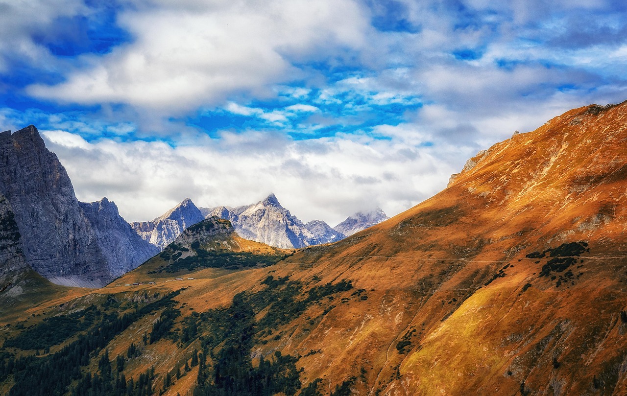 eng alm, mountains, clouds, nature, landscape, tyrol, fall