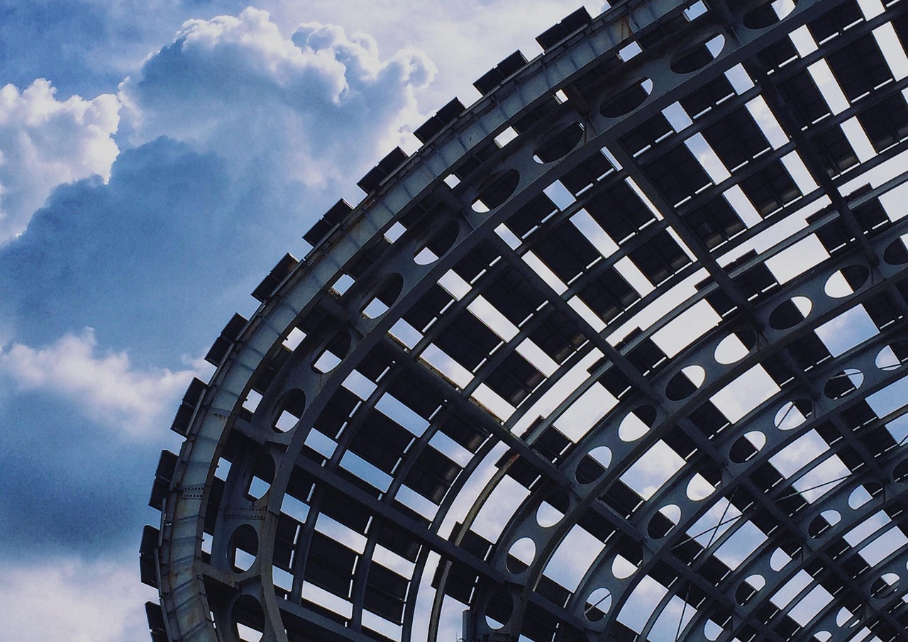 building, sky, blue sky, exhibition, steel, nature, metal, order, cloud, structure, reinforced