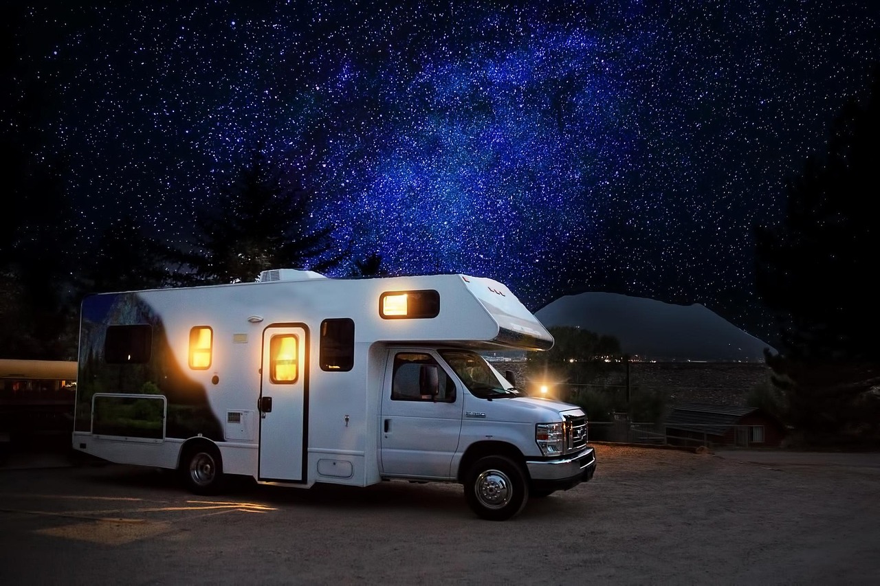 rv, camper, night, camping, adventure, outdoor, campsite, travel, caravan, vacation, trailer, motorhome, camp, evening, journey, campground, summer, caravaning, nature, holiday, traveler